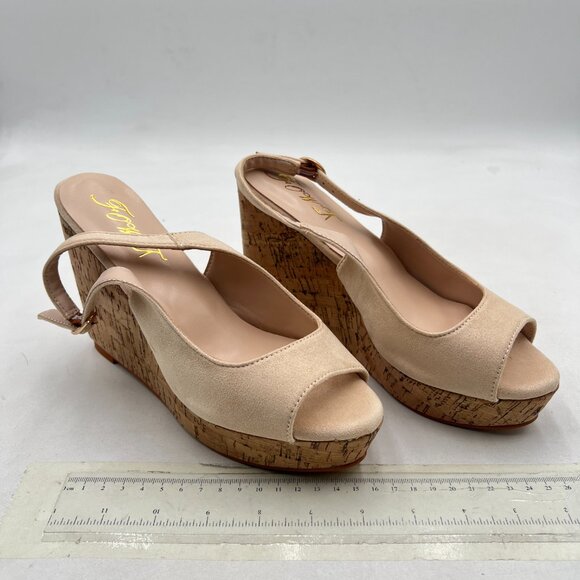 FOWT Apricot Peep Toe Slingback Platform Wedge High Heel Buckle Open Toe Sandals - Picture 4 of 8